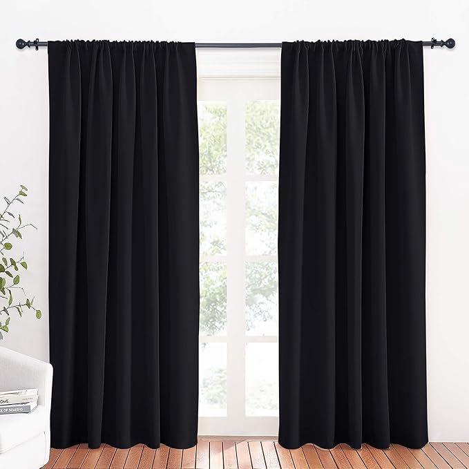 RYB HOME Blackout Curtains for Bedroom Living Room 72 inches Long, Thermal Insulated Privacy Rod Pocket Drapes for Nursery Office Home Theater, Width 34 by Length 72, Black, 2 Panels