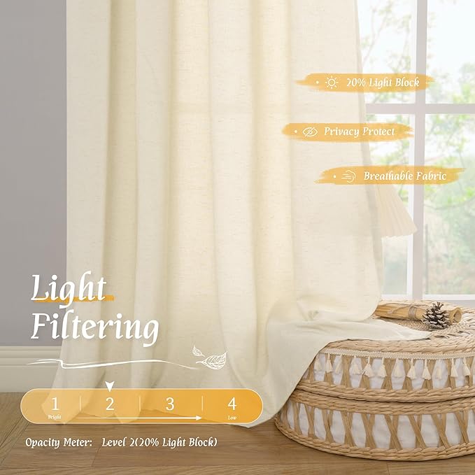 LAMIT Natural Light Beige Linen Curtains 84 inch Long 2 Panels, Soft Thick Linen Blended Light Filtering Living Room Panels Rod Pocket Neutral Drapes for Bedroom/Farmhouse, 52 x 84 Inch