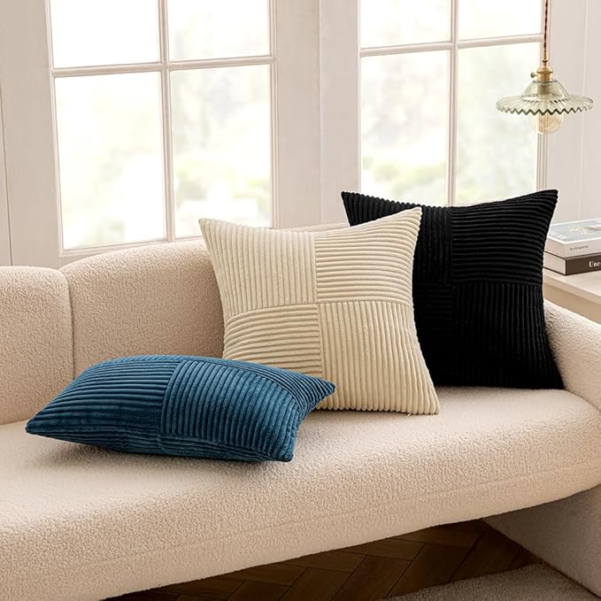 MIULEE Black Decorative Lumbar Throw Pillow Covers 12x20 Inch for Couch Bed Sofa Pack of 2 Boho Farmhouse Throw Pillows Soft Cross Corduroy Patchwork Textured Cushion Cases