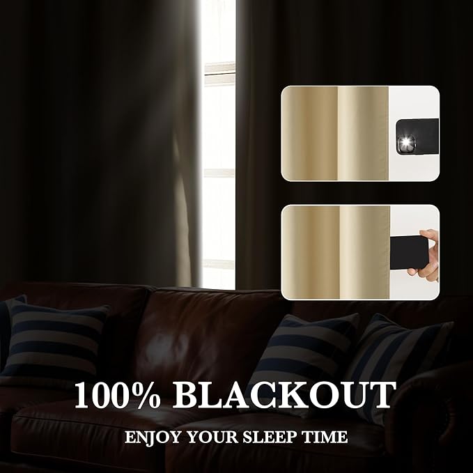 RYB HOME 100% Blackout Short Curtains for Small Window, Thermal Insulated Total Room Darkening Noise Reducing Curtains for Kitchen Bathroom Basement, 42 inches Wide by 48 inches Long, Biscotti Beige