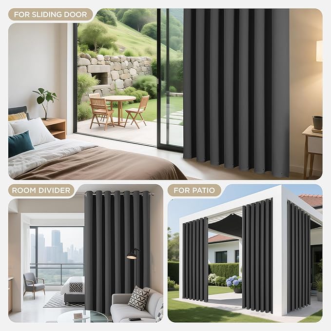 Joydeco Blackout Patio Sliding Door Curtains 108 Inches Long, Grommet Privacy Room Divider Curtains, Extra Wide Thermal Blackout Drapes for Bedroom Living Room (Grey, 80Wx108L, 1 Panel)