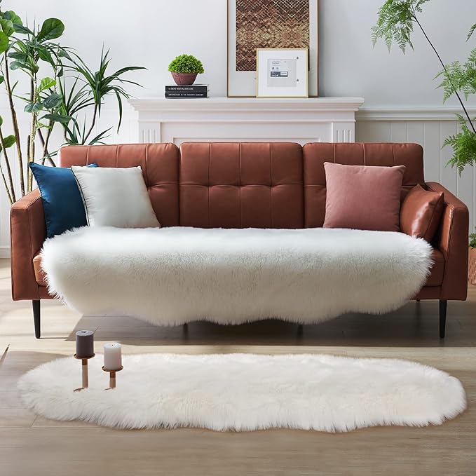 Faux Fur Rug for Bedroom, Fluffy Runner Rugs Soft Sheepskin Rug Sofa Couch Seat Cushion, 2x6ft White Plush Area Rug Shag Rugs Floor Carpets for Nursery Bedside, Cute Shaggy Fuzzy Home Decor