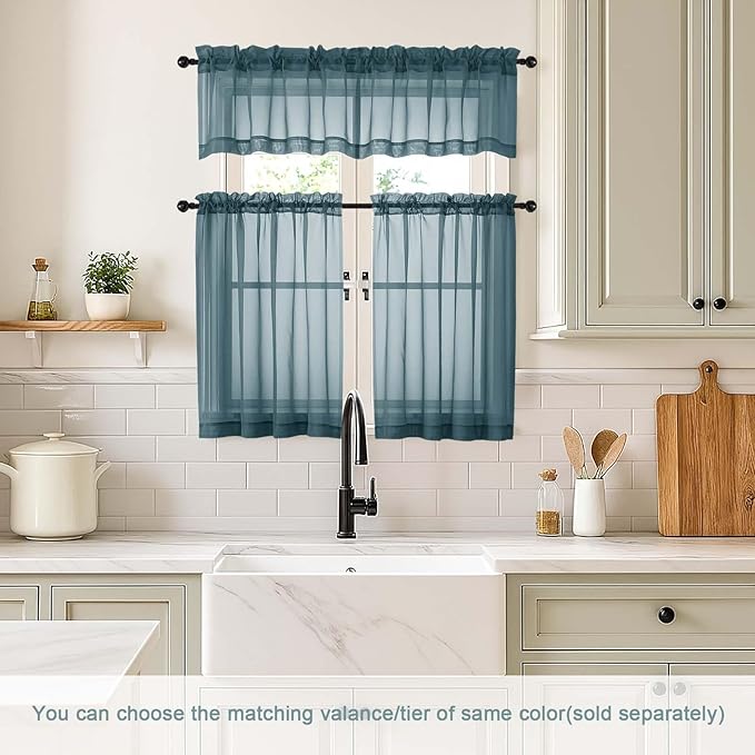 Small Sheer Curtains Tier 24 Inches Length 2 Pieces, Light Filtering Cafe Curtains for Living Room Bathroom, Modern Window Treatments Dual Rod Pocket Panels, Dusty Blue, 2X42Wx24L Inches