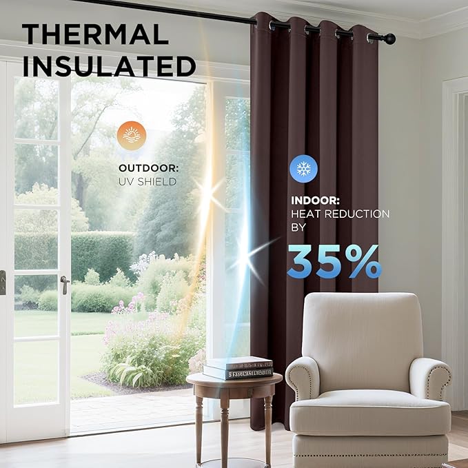 Joydeco Blackout Curtains 95 Inches Long 1 Panel, Thermal Insulated Long Curtains& Drapes 1 Piece, Room Darkening Grommet Drapes for Living Room Bedroom Window (W70 x L95 Inch, Chocolate)