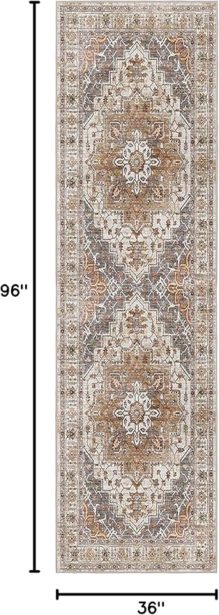 Madane Hallway Runner 3x8, Kitchen Rugs Washable Entryway Rug Vintage Kitchen Runners Non Slip Indoor Area Rug Farmhouse Carpet Runner for Bathroom Living Room Bedroom (3 X 8, Turmeric/Grey)