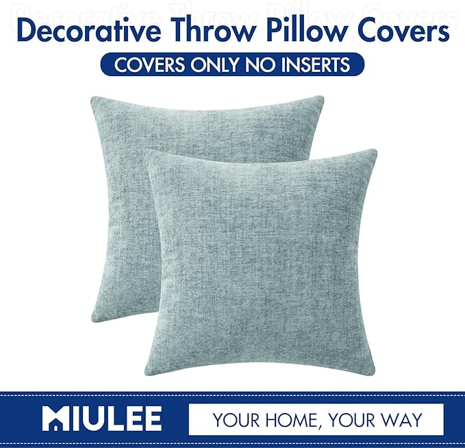 MIULEE Pack of 2 Light Blue Throw Pillow Covers 16x16 Inch Soft Chenille Pillow Covers for Sofa Living Room Spring Home Decor Couch Solid Dyed Cases