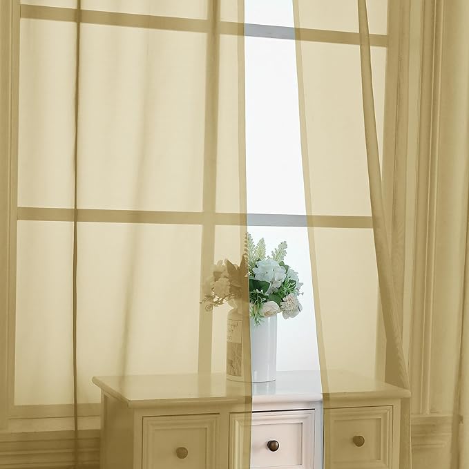 OVZME Gold Sheer Curtains 84 Inches Long 2 Panels - Soft Light Filtering Window Sheer Panels for Living Room/Bedroom, Top Dual Rod Pocket, 1 Pair, Each 42Wx84L Inches