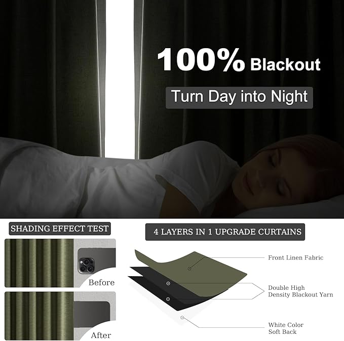 Topfinel 102 Inch Long Linen Blended Blackout Curtains 2 Panels, Back Tab Pleated Look Drapes for Track System with Hooks, Noise Reducing Country Blackout Winodw Curtains 52x102-Loden/Olive Green