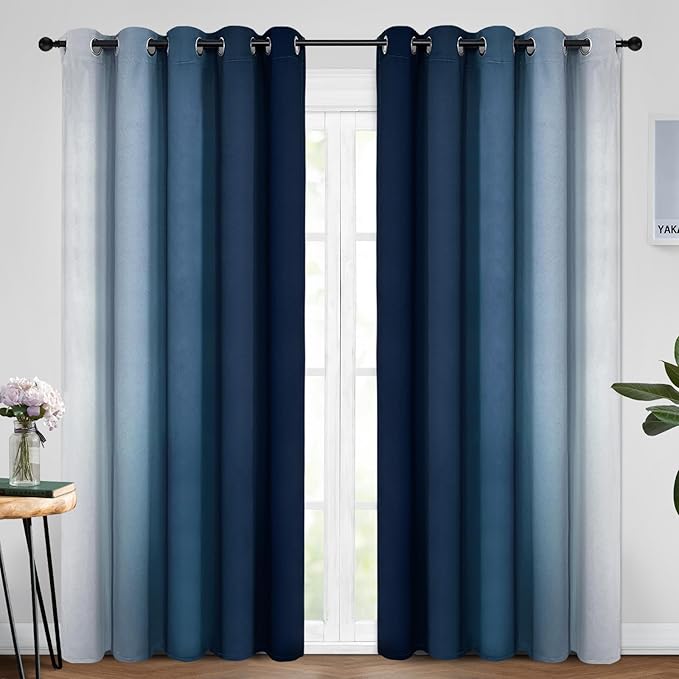 Yakamok Blue Ombre Curtains Room Darkening Grommet Curtains for Bedroom, Light Blocking Thermal Insulated Window Drapes for Living Room(2 Panels, 62x96 Inch)