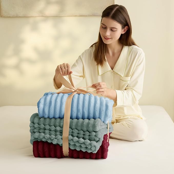 HIMEET Light Blue Ribbed Throw Blanket for Couch - 300GSM Lightweight Soft Fleece Blanket for Women Men, Cozy Blankets for Mothers Gifts, Striped Spring Home Room Decor, Light Blue, 50x60 Inches
