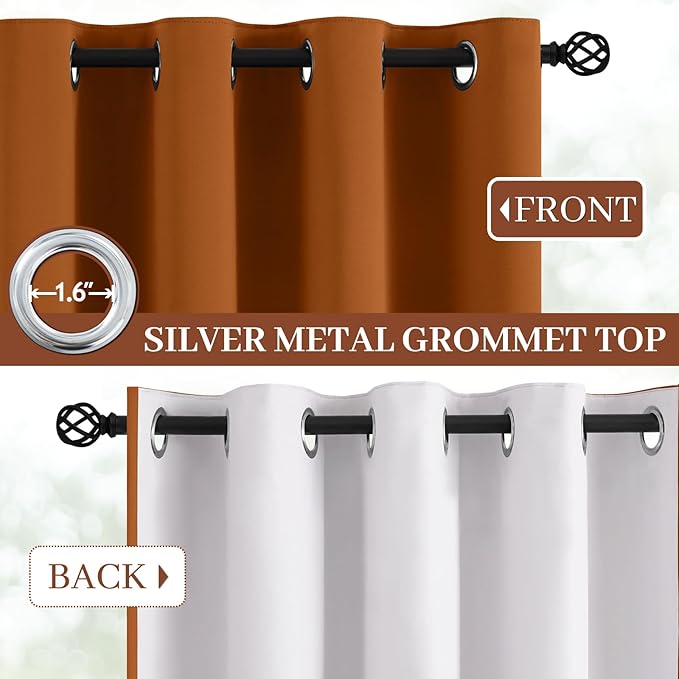 Yakamok Room Darkening 100% Blackout Curtains Grommet Window Treatments with 2 Thick Layers-Burnt Orange Thermal Insulated Drapes Set of 2 Panels for Bedroom Living Room 38 Inches by 84 Inches Length