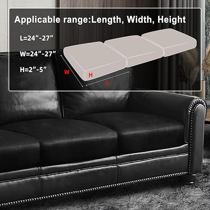 Leather Look Couch Cushion Covers Sofa Seat Slipcovers Sets Couches Furniture Protector for Sectional Armchair Loveseat Pets Kids Stretch Spandex Fabric (3 Cushion Sofa, Black)