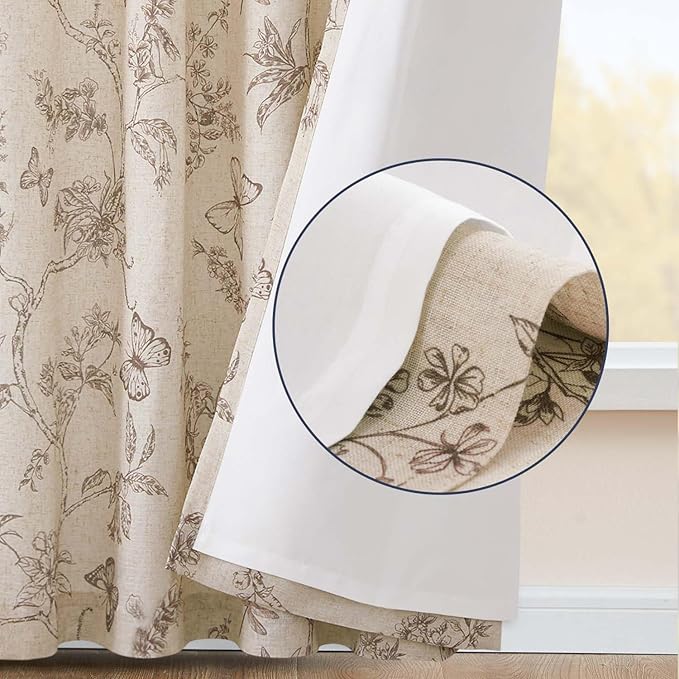 jinchan Floral Curtains Lined Linen Blend Curtain for Living Room 96 Inch Length Taupe Farmhouse Flower Patterned Curtain French Country Curtains Drapes Back Tab Rod Pocket 2 Panels