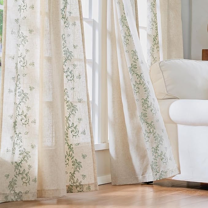 jinchan Evelyn Embroidered Linen Curtains for Living Room Farmhouse Floral Curtains for Bedroom Semi Sheer Light Filtering Window Drapes Rod Pocket Back Tab 2 Panels W50 x L96 Sage Green