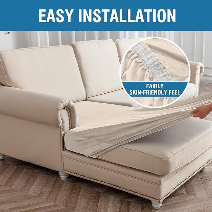Couch Cover Stretch Velvet Sofa Cushion Cover 3-Piece - Elastic Washable Slipcover for Seat or Backrest, Couch Seat Covers for Sofas (Cream)
