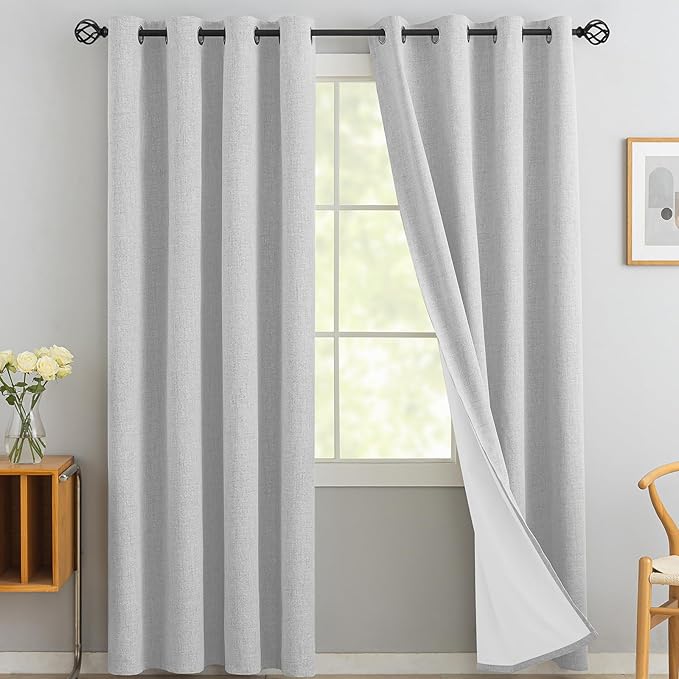 Yakamok White Linen Curtains 100% Blackout 96 Inches Long,Room Darkening Textured Curtains for Living Room Thermal Grommet Bedroom Curtain 2 Panels with Greyish White Liner