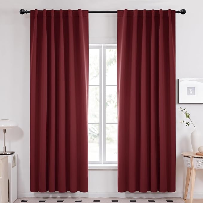 Deconovo Solid Rod Pocket and Back Tab Curtains Thermal Insulated Christmas Curtains Blackout Curtains for Living Room 52Wx84L Inch Burgundy Red Set of 2