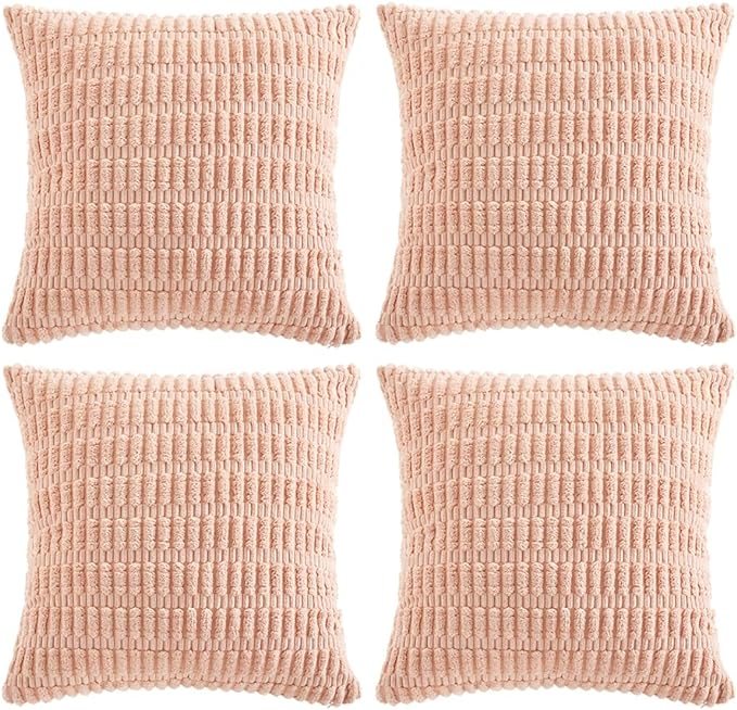 Fancy Homi 4 Packs Boho Pink Decorative Throw Pillow Covers 22x22 Inch for Living Room Couch Bed Sofa, Rustic Modern Farmhouse Home Decor, Soft Plush Corduroy Cute Square Cushion Case 55x55 cm