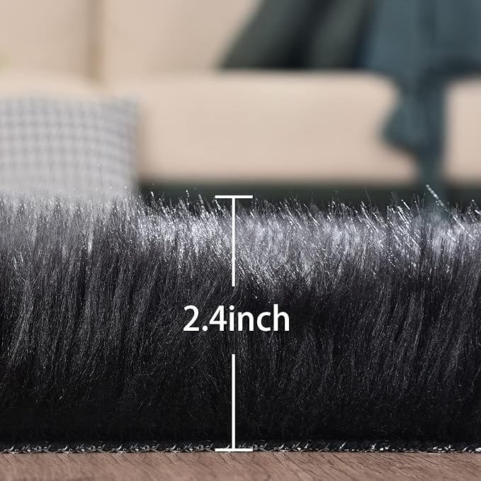ORINOVA Black Fluffy Faux Fur Rug for Living Room Shag Circle Washable Area Rugs for Bedroom Round Rug 4ft Cute Room Décor