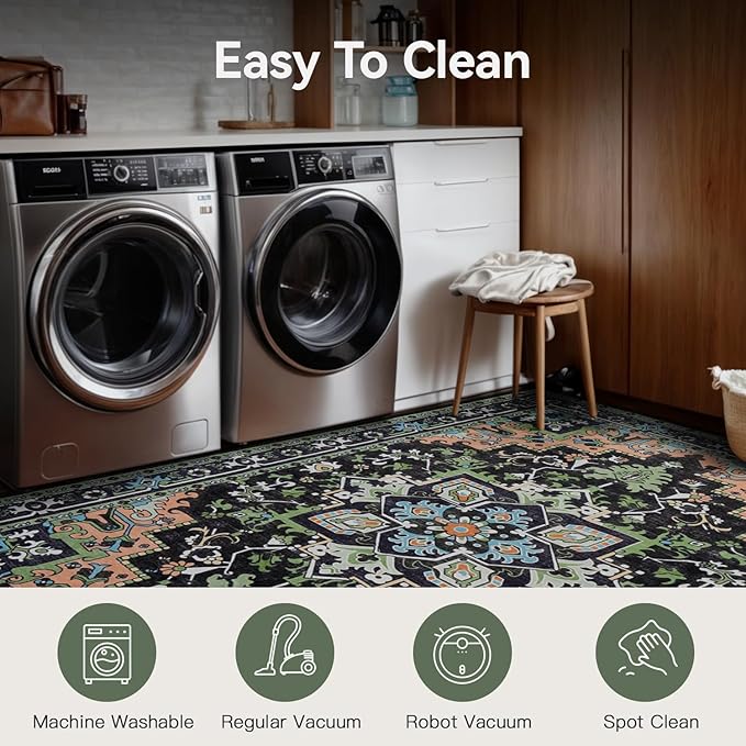 Lofus 6x9 Washable Area Rugs, Large Area Rug for Living Room, Bedroom, Office, Dining Room, Non-Slip Vintage Boho Rug, Low-Pile Soft Carpet, Traditional Oriental Style, Dark Green
