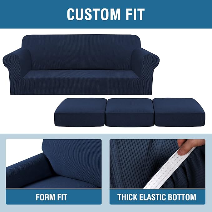 H.VERSAILTEX 4 Piece Stretch Sofa Covers for 3 Cushion Couch Covers for Living Room Furniture Slipcovers (Base Cover Plus 3 Seat Cushion Covers) Upgraded Thicker Jacquard Fabric (Sofa, Navy)