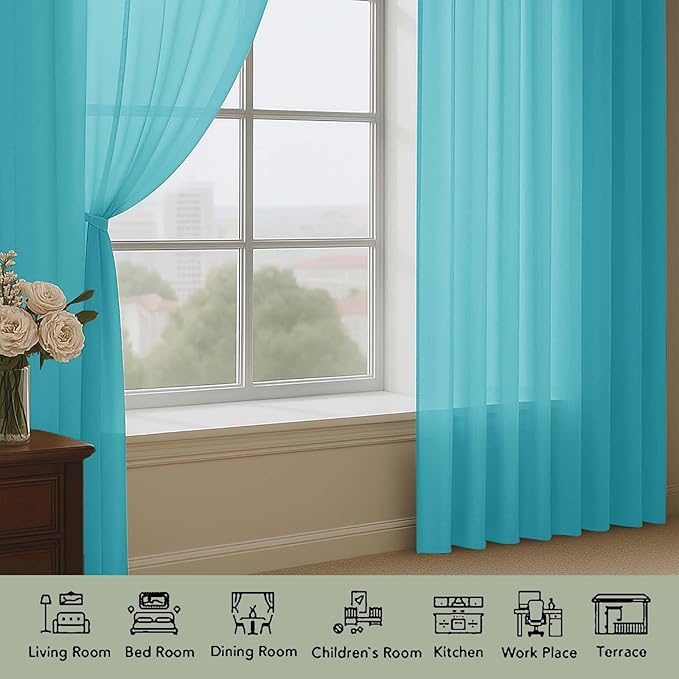 OWENIE Sheer Curtains 84 Inches Long 2 Panels Set, Sheer Turquoise Curtains for Living Room Bedroom 59 Inch Extra Wide, Modern Voile Filmy Rod Pocket Drapes, 2 Pcs, Each 59 W x 84L, Turquoise