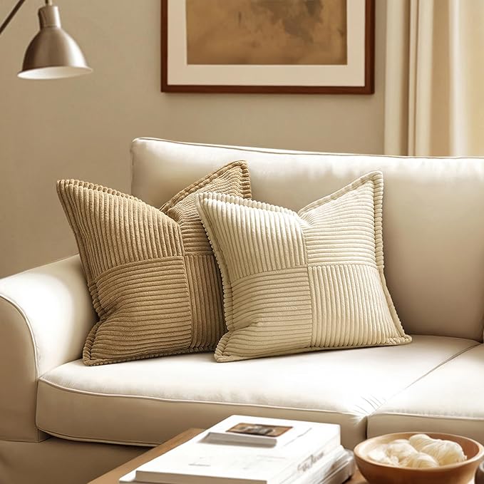 MIULEE Decorative Throw Pillow Covers for Couch Bed Livingroom 20x20 Inch Set of 2 Cream Boho Accent Throw Pllows Broadside Striped Patchwork Soft Corduroy Pillowcases