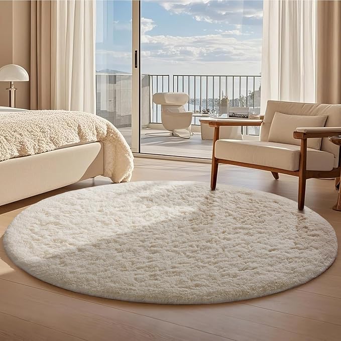 Ophanie Round Rugs 8Ft Ivory Circle Area Rug, Aesthetic Room Decor, Fluffy Fuzzy Bedroom Carpet, Plush Soft Shaggy Cream Living Room Rugs for Kids Home Decor, Nursery