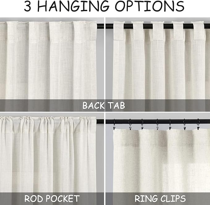 Nanspring Natural Linen Curtains for Kitchen Windows Over Sink - Cafe Curtain Semi Sheer with Rod Pocket and Back Tab Lightweight Rustic Textured Bistro Curtains for Bathroom, 2 Panels 25 x 24 Inch