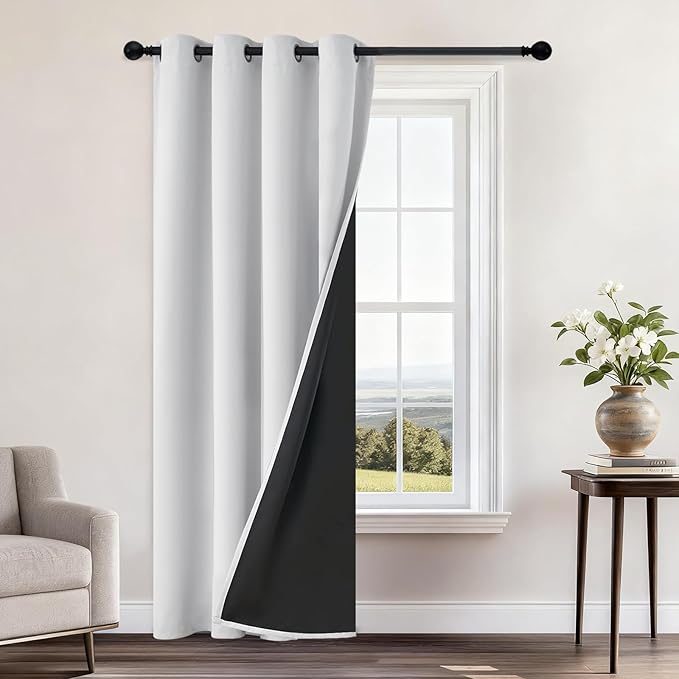 Yakamok 100% Blackout Curtains 84 Inches Long, 2 Thick Layers Heat and Full Light Blocking Soft Thermal Insulated Drapes for Bedroom(52" Wide Each Panel, Greyish White, 1 Panel)