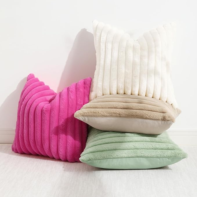 decorUhome Summer Cozy Faux Fur Throw Pillow Covers 20x20 Set of 2 Decorative Soft Plush Striped Modern Farmhouse Boho Couch Pillow Cases with Velvet Back for Sofa Bed Living Room, Hot Pink