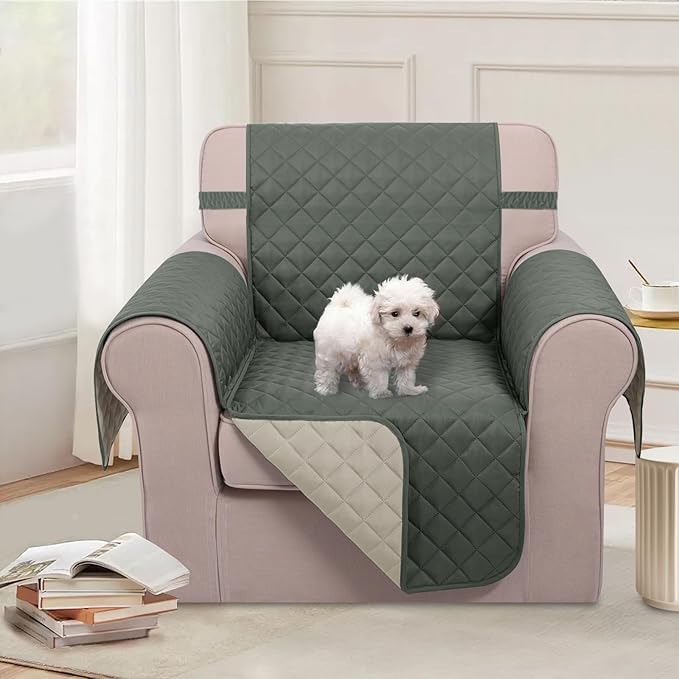 U-NICE HOME Reversible Oversized Chair Covers Quilted Water Repellent Pet Protectors with Elastic Straps(28''Armchair, Grey/Beige)