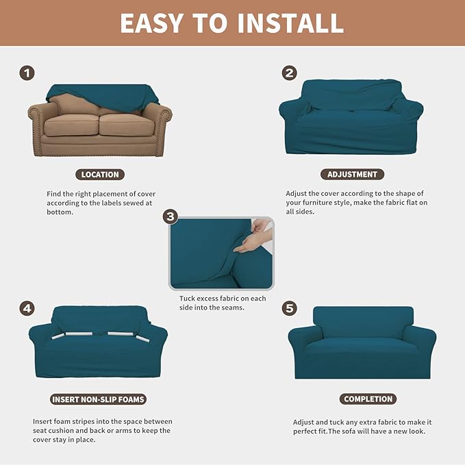 Easy-Going 100% Waterproof Loveseat Couch Cover, Dual Waterproof Sofa Cover, Stretch Jacquard Sofa Slipcover, Leakproof Furniture Protector for Kids, Pets, Dog and Cat (Loveseat, Peacock Blue)