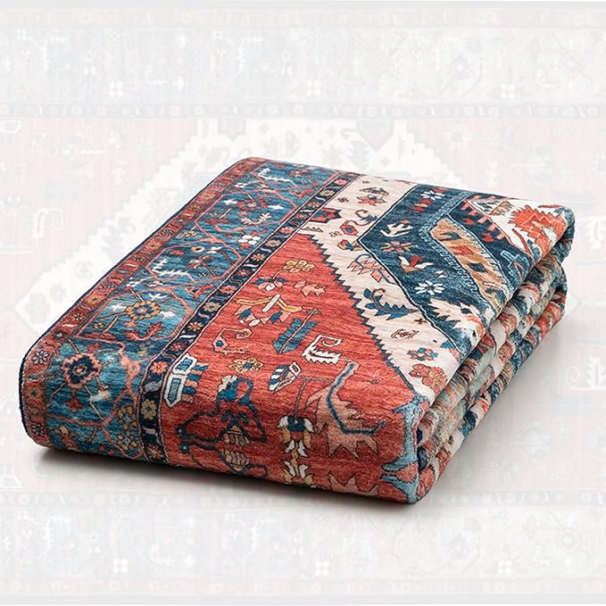 SERISSA Area Rug 4x6 Boho Rugs for Bedroom, Washable Non-Slip Living Room Rugs, Ultra Soft Vintage Print Distressed Rust Rug Low-Pile Throw Carpet for Entry Bedroom Nursery Kitchen Dorm Decor