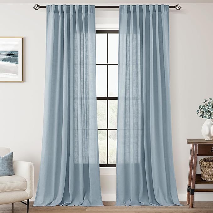 Dusty Blue Linen Curtains for Living Room Back Tab Light Filtering Semi Sheer Light Blue Bedroom Curtains Linen Cotton Textured Grey Blue Drapery Panel Airy Modern Farmhouse Aesthetic Decor 52x96 Long
