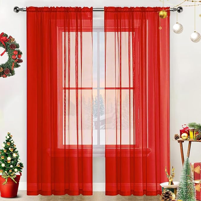 SpaceDresser Basic Rod Pocket Sheer Voile Window Curtain Panels White 1 Pair 2 Panels 60 Width 96 Inch Long for Kitchen Bedroom Children Living Room Yard(Red,60 W x 96 L)