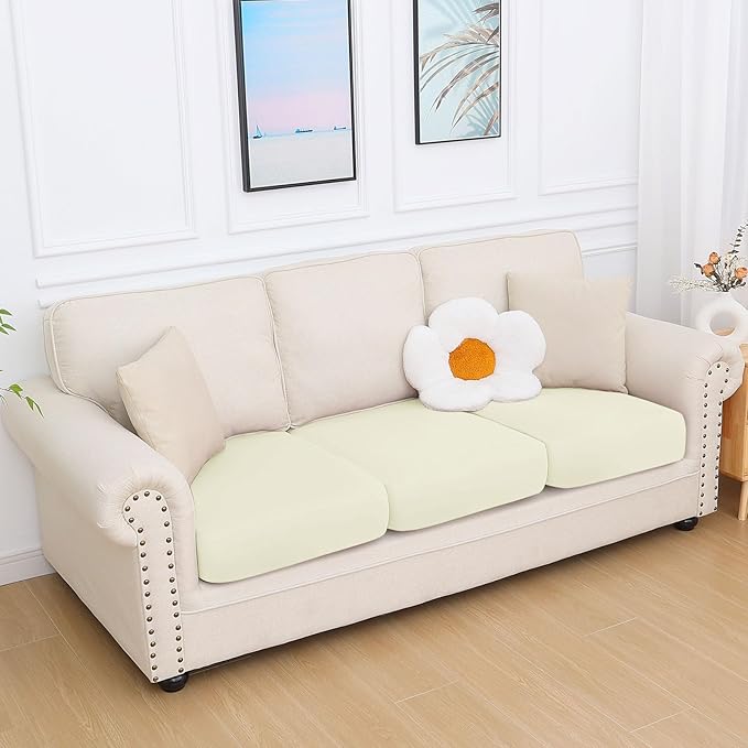 hyha Milk Silk Couch Cushion Covers, Soft Magic Sofa Covers Washable for 3 Cushion Couch, Stretch Sectional Outdoor Cushion Covers for Patio Furniture with Elastic Bottom(3 Packs, Cream)