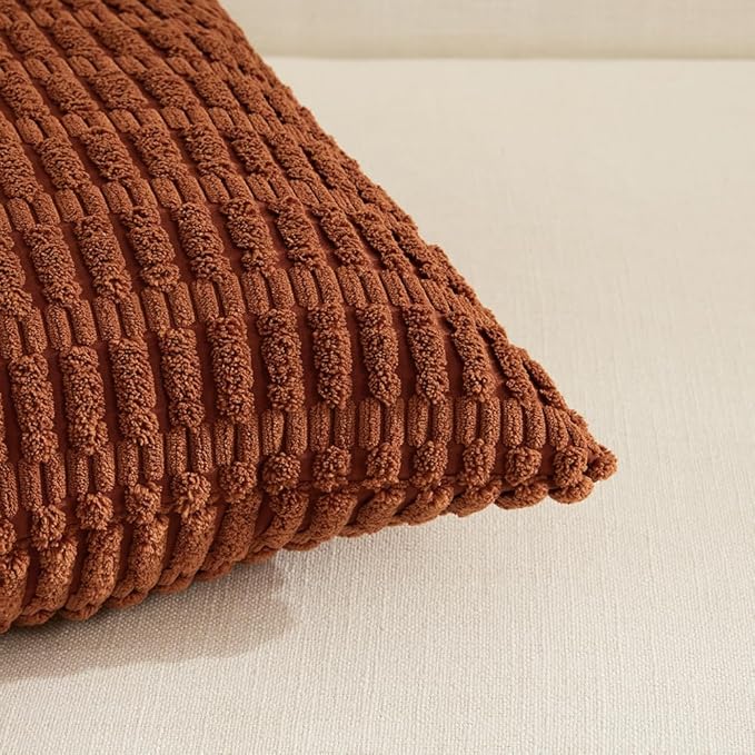 Fancy Homi 4 Packs Rust Decorative Throw Pillow Covers 16x16 Inch for Living Room Couch Bed Sofa, Terracotta Rustic Farmhouse Boho Home Decor, Soft Plush Striped Corduroy Square Cushion Case 40x40 cm