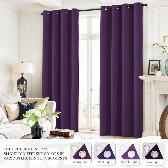 Yakamok Room Darkening 100% Blackout Curtains Grommet Window Treatments with 2 Thick Layers-Purple Thermal Insulated Drapes Set of 2 Panels for Bedroom Living Room 38 Inches by 84 Inches Length