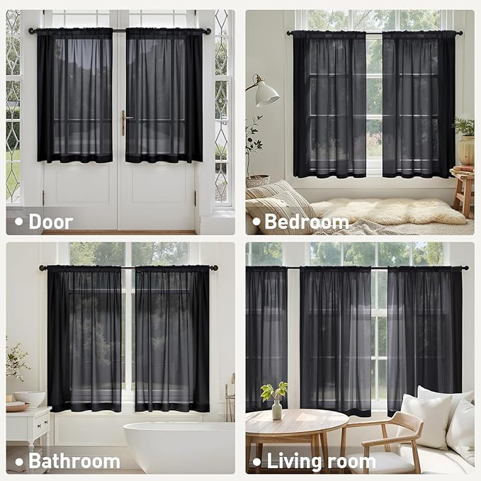 MIULEE Black Curtains 24 Inch Length for Small Window,4 Panels Set, Short Sheer Curtains Rod Pocket Light Filtering Tier for Kitchen/Bathroom/Basement, 42W x 24 Inches