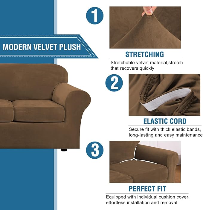H.VERSAILTEX Rich Velvet Stretch 2 Piece Cover Chair Slipcover Sofa Cover Furniture Protector Couch Soft with Elastic Bottom Chair Couch Cover Width Up to 49 Inch (Chair, Bronze Brown)