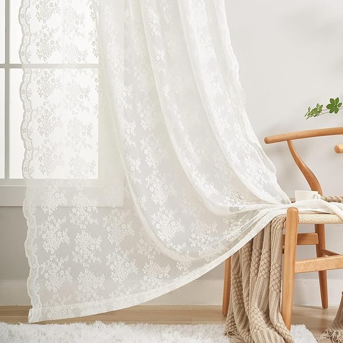 YJ YANJUN Vintage Lace Curtains 90 Inches Long for Dining Room Pair French Country Floral Sheer Curtains for Bedroom Playroom Ivory Cream Colored Boho Farmhouse Decoration 52 x 90 Off White