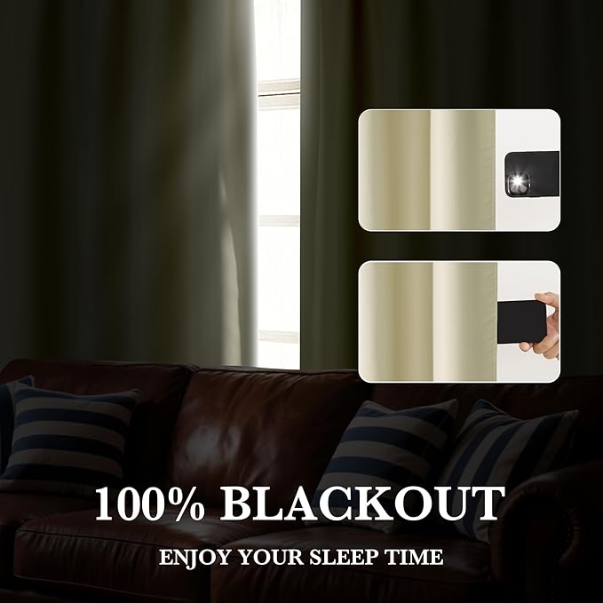 RYB HOME Bedroom Blackout Curtains 63 inches Long, 100% Blackout Thermal Insulated Noise Reducing Curtains for Living Room Nursury, 42 inches Wide by 63 inches Long, Beige
