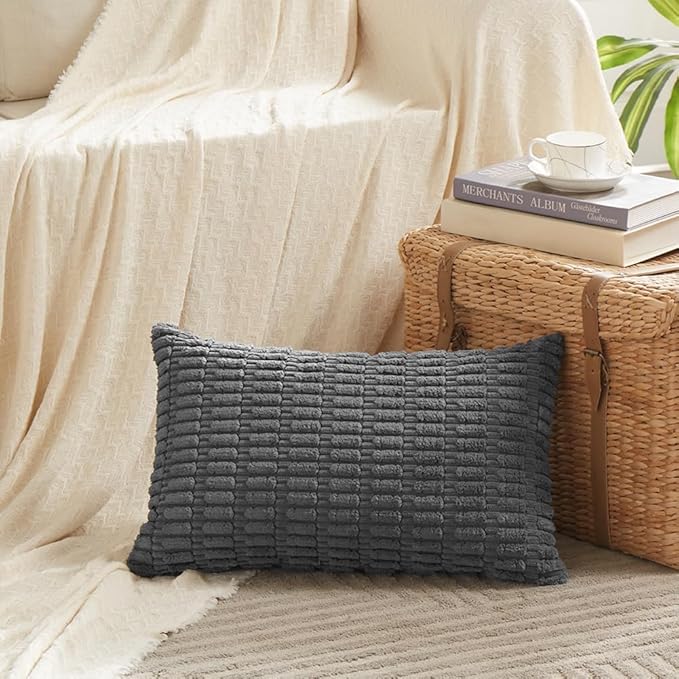 Fancy Homi 4 Packs Dark Grey Decorative Throw Pillow Covers 12x24 Inch for Couch Bed, Rustic Modern Farmhouse Boho Home Decor, Soft Plush Corduroy Gray Cute Square Accent Cushion Case 30x60 cm