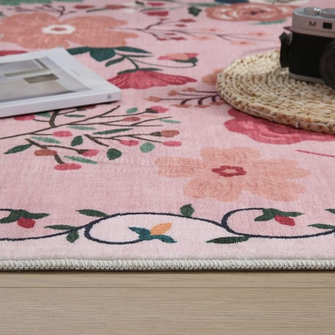 Rugcomf 2x5 Rug Runner - Floral Machine Washable Kitchen Rug, Non-Slip Low Pile Boho Carpet for Hallways, Laundry, Entryway, Bedroom, Bathroom - Pink