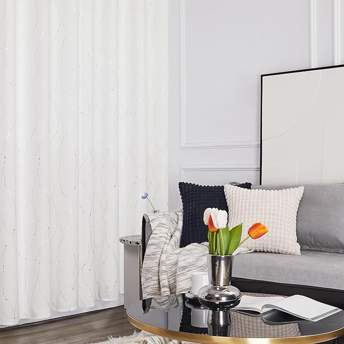 Deconovo White Short Curtains, Room Darkening Curtain, Thermal Insulated Soundproof Drapes, Wave Dots Silver Print, 38 x 45 Inch, Grommet Top, Window Panels for Living Room Bedroom Kitchen, Set of 2