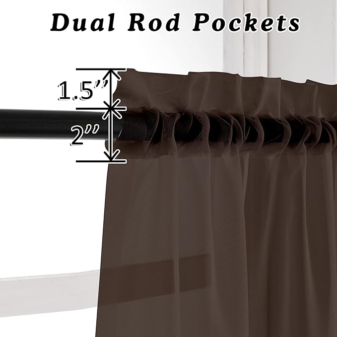OVZME 2 Panels Chocolate Brown Sheer Valance - Short Fresh Sheer Curtain Valances for Windows Basement Semi Sheer Valances for Kitchen Window Dressing with Dual Rod Pocket, 42" Wx14 L