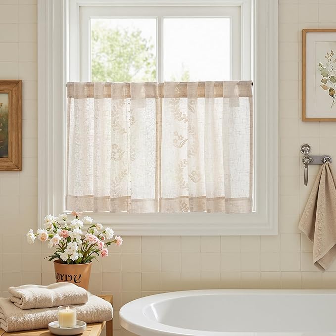 jinchan Belrose Linen Floral Kitchen Curtains 24 inch Length Embroidered Farmhouse Cafe Curtains for Living Room Bathroom Small Windows Curtain Set Sheer Light Filtering 2 Panels Ivory