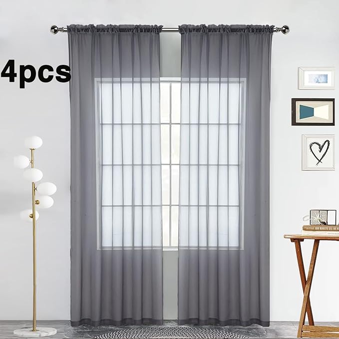 SpaceDresser Grey Sheer Curtains 4 Panels Rod Pocket Semi-Sheer Curtain 90 Inches Long Light Filtering Voile Window Drapes for Bedroom Living Room Kitchen, Each 52W x 90L