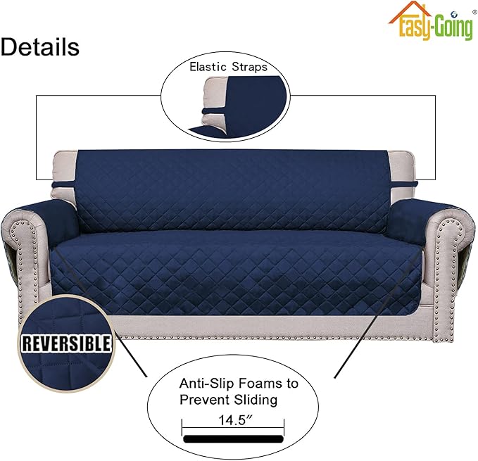 Easy-Going Reversible Couch Cover for 3 Cushion Couch Sofa Cover for Dogs Water Resistant Furniture Protector Cover with Foam Sticks Elastic Straps for Pet Cat (Sofa, Navy/Navy)